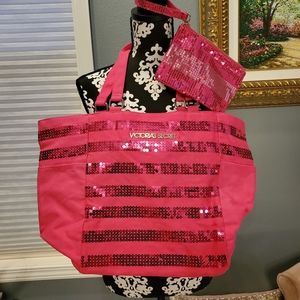 Victoria's Secret sequin striped tote and pouch
